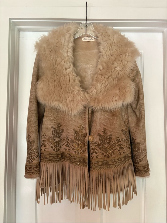 Free People Jackets & Blazers - Free People x Brenda Knight Beige Suede Shearling Jacket with Fringe